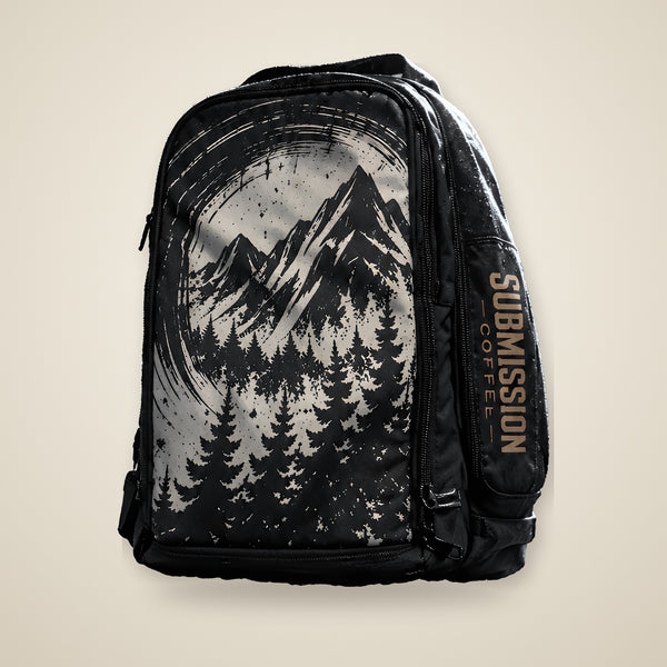 Submission Coffee gym backpack, front view, black with cream brush-stroke mountain and pine artwork