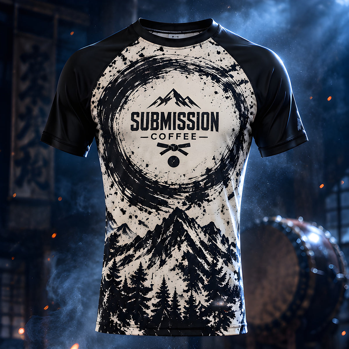 Submission Coffee rash guard displayed in a dark jiu-jitsu dojo with a taiko drum