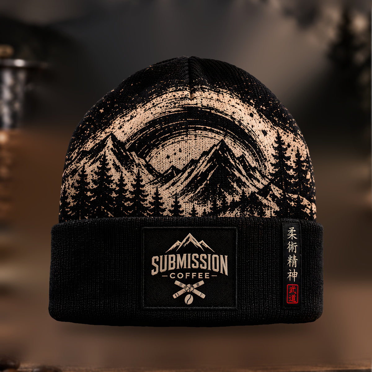 Submission Coffee beanie on a wooden table with mountains in the background