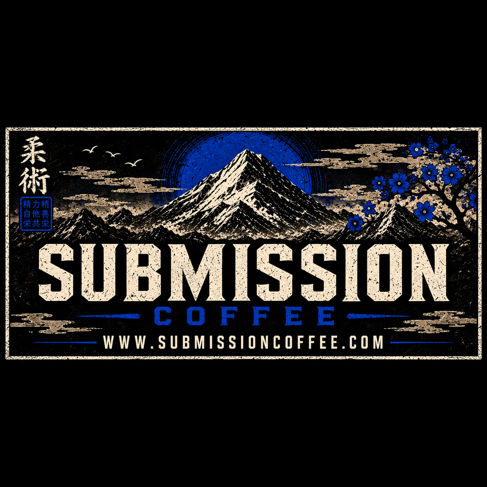Submission Coffee label art — Mt. Fuji under a blue moon with cherry blossoms and jiu-jitsu kanji