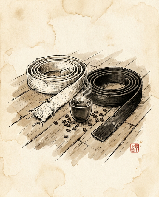 A worn white belt and a black belt coiled beside fresh coffee beans and a steaming cup