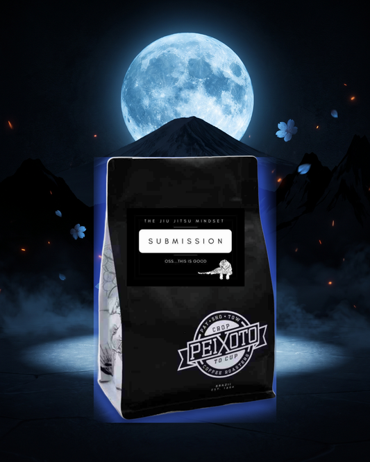 The actual Submission Coffee matte black bag under a blue moon
