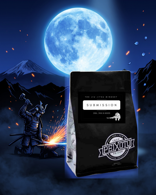 The samurai smith forging beside the actual Submission Coffee bag under a blue moon