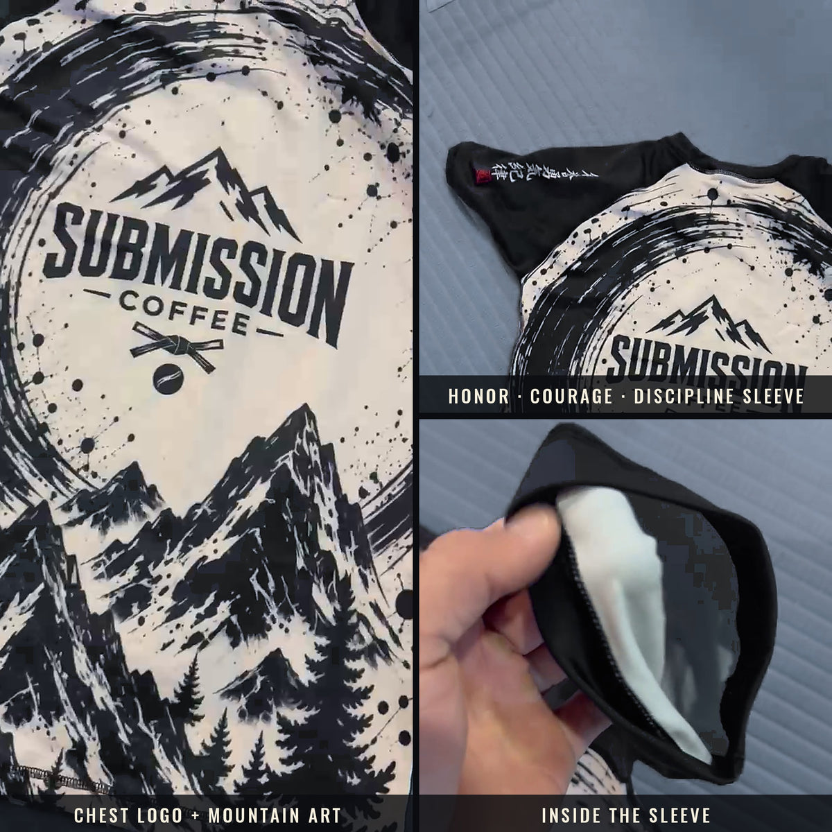 Close-ups of the Submission Coffee rash guard: chest logo and mountain art, Honor Courage Discipline kanji on the sleeve, inside of the sleeve