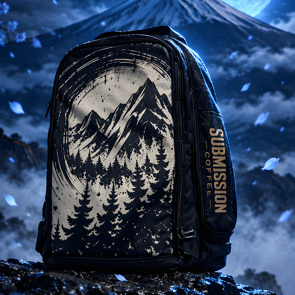 Submission Coffee backpack on a rock under Mount Fuji and a blue full moon