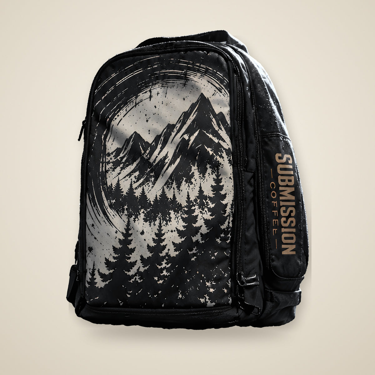 Submission Coffee gym backpack, front view, black with cream brush-stroke mountain and pine artwork
