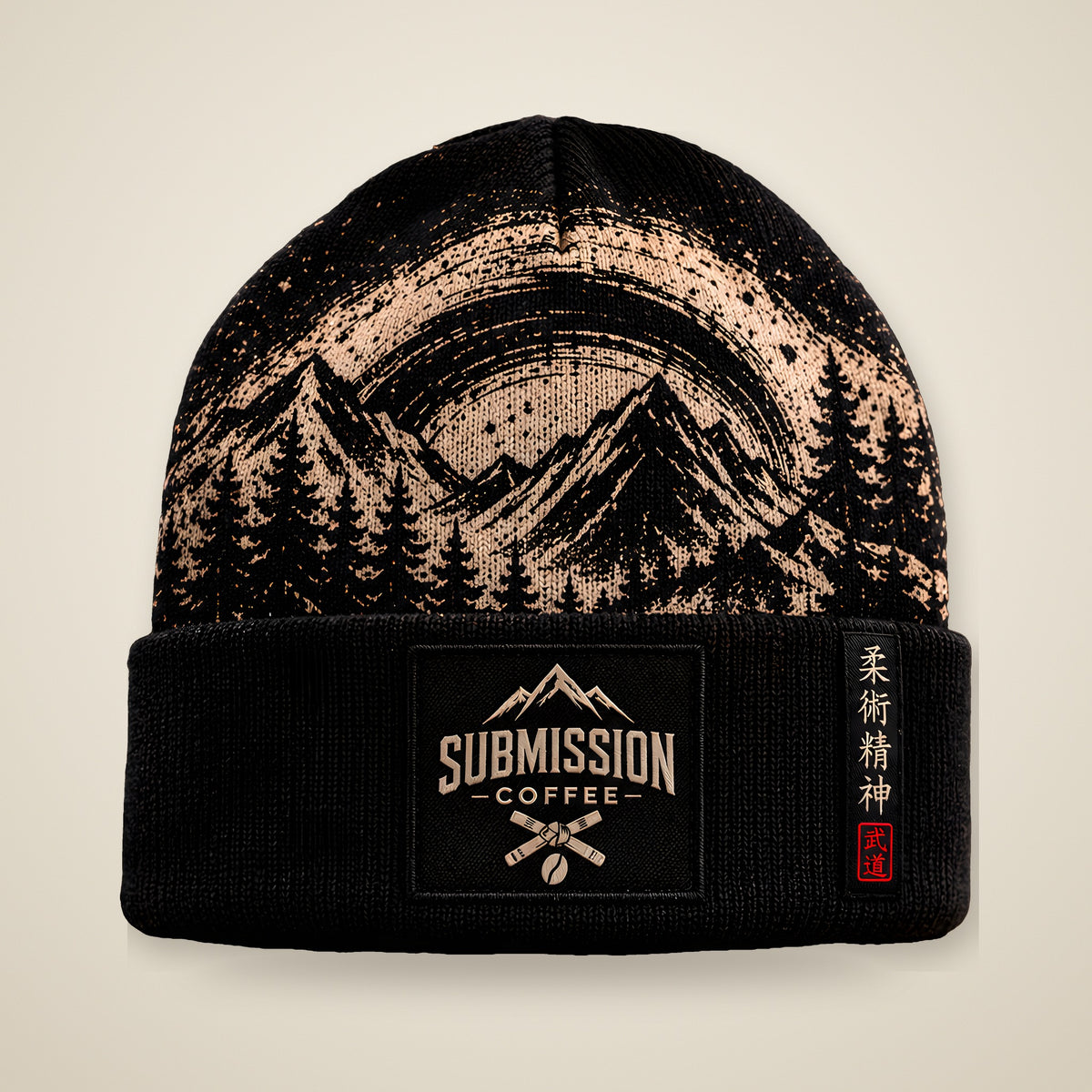 Submission Coffee beanie, front view, black cuffed beanie with tan mountain artwork and Submission Coffee patch