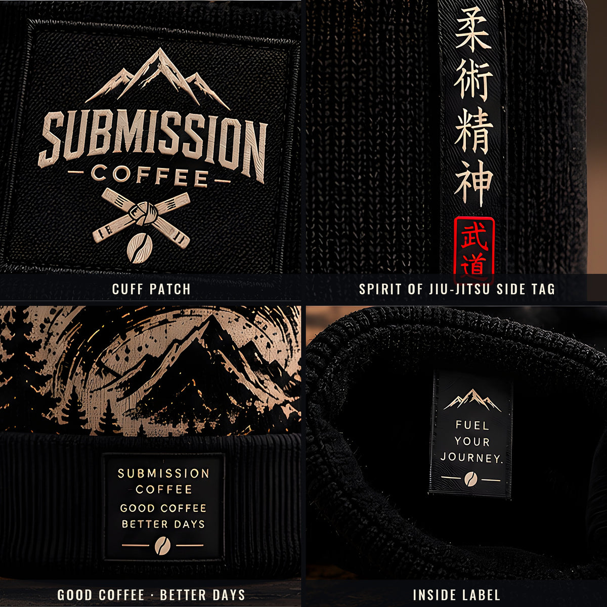 Beanie details: cuff patch, spirit of jiu-jitsu side tag, Good Coffee Better Days back label, inside label