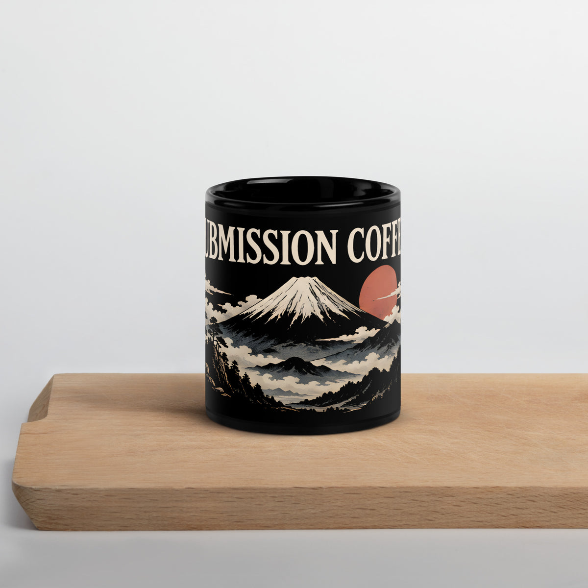 The Submission Coffee Mug, 11 oz, black, front view of the Mt. Fuji design