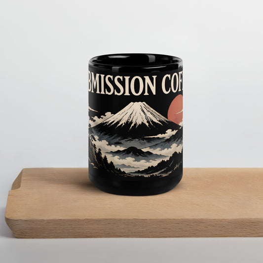 The Submission Coffee Mug, 15 oz, black, front view of the Mt. Fuji design