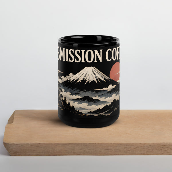 The Submission Coffee Mug, 15 oz, black, front view of the Mt. Fuji design