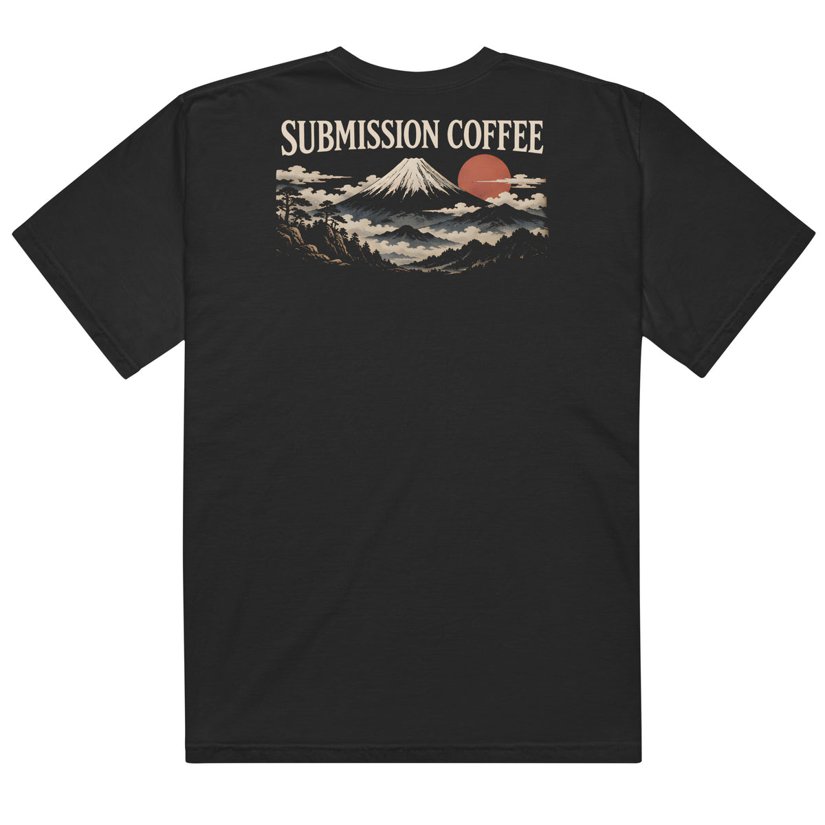 The Submission Coffee Tee, black, back with Mt. Fuji and rising sun design