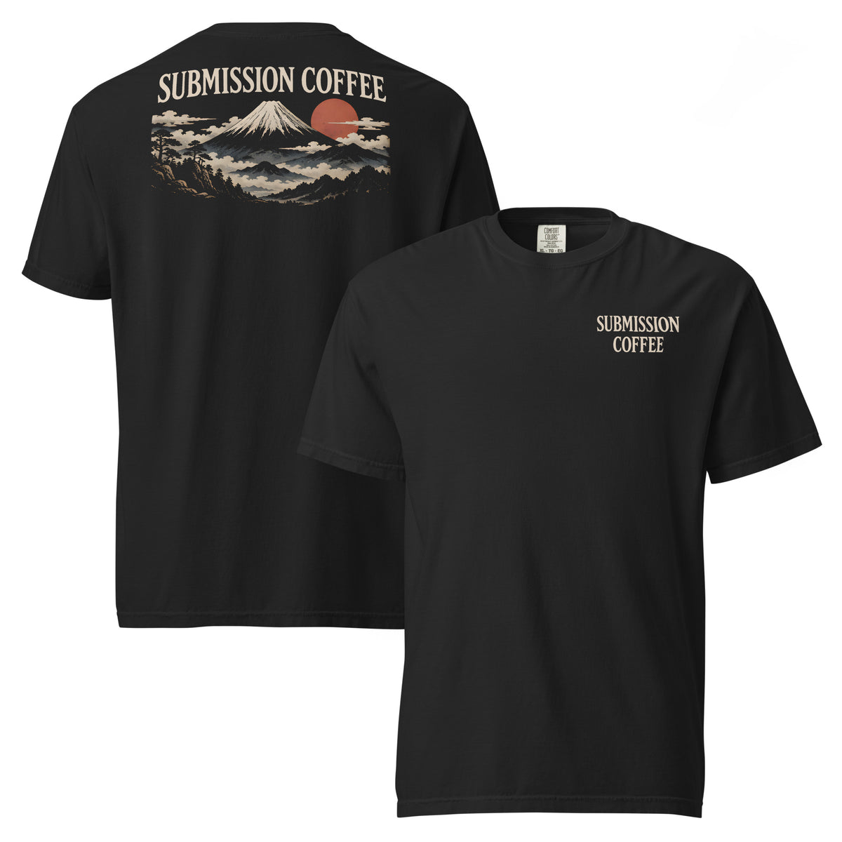 The Submission Coffee Tee, black, front and back views