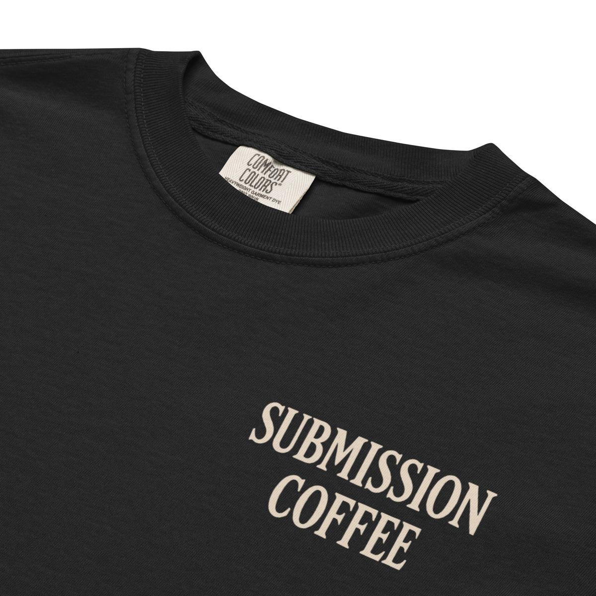 The Submission Coffee Tee, close-up of collar and stitching